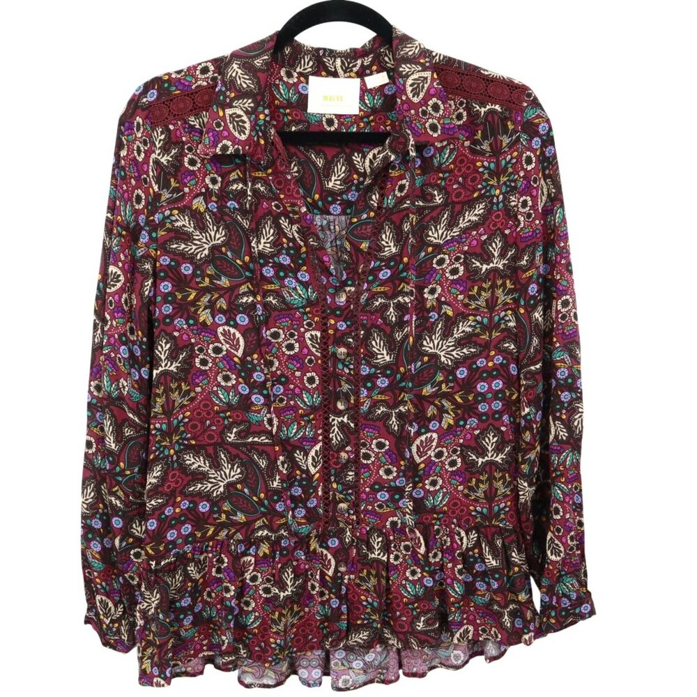 Maeve Janie Peasant Top Womens‎ 2 Burgundy Boho Romantic Whimsical Artsy Flounce
